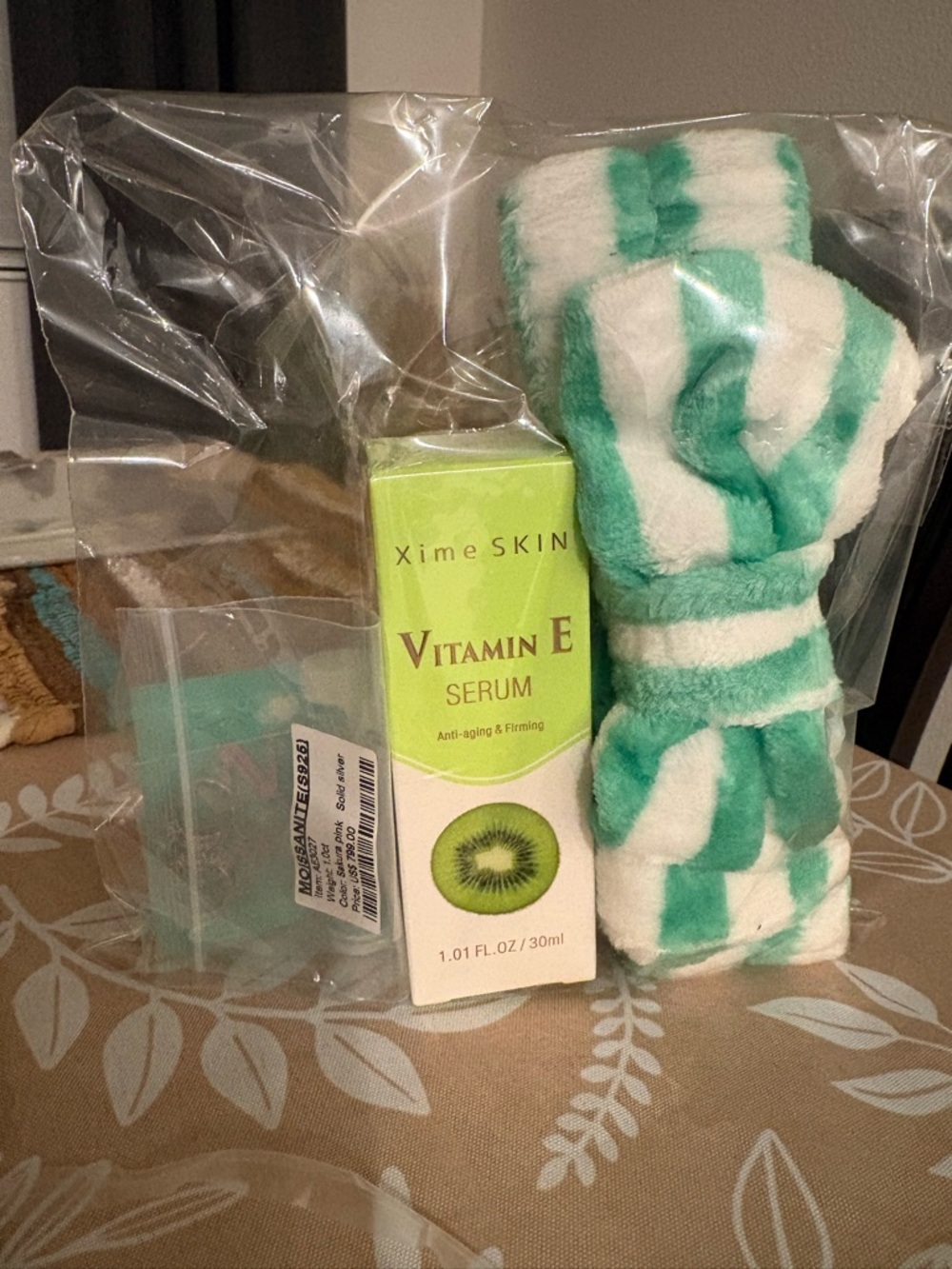 Striped Plush Turban Headband in White & Mint Green set with  Moissanite $799